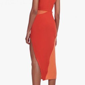 STAUD Fiery Red and Orange Color Block Russo Pencil Skirt
